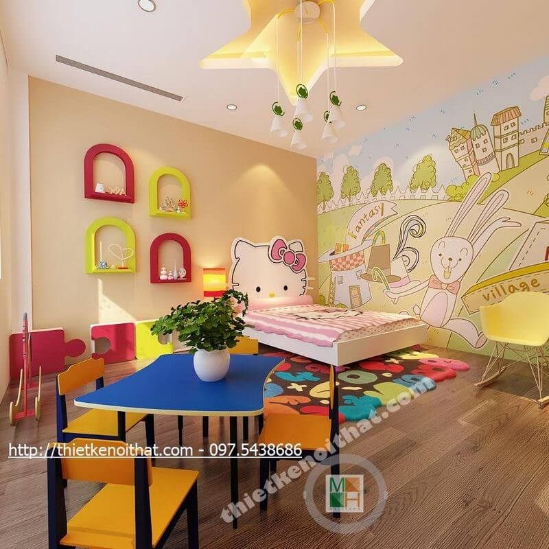 Mẫu giường ngủ gỗ công nghiệp màu hồng dễ thương cho phòng ngủ bé gái